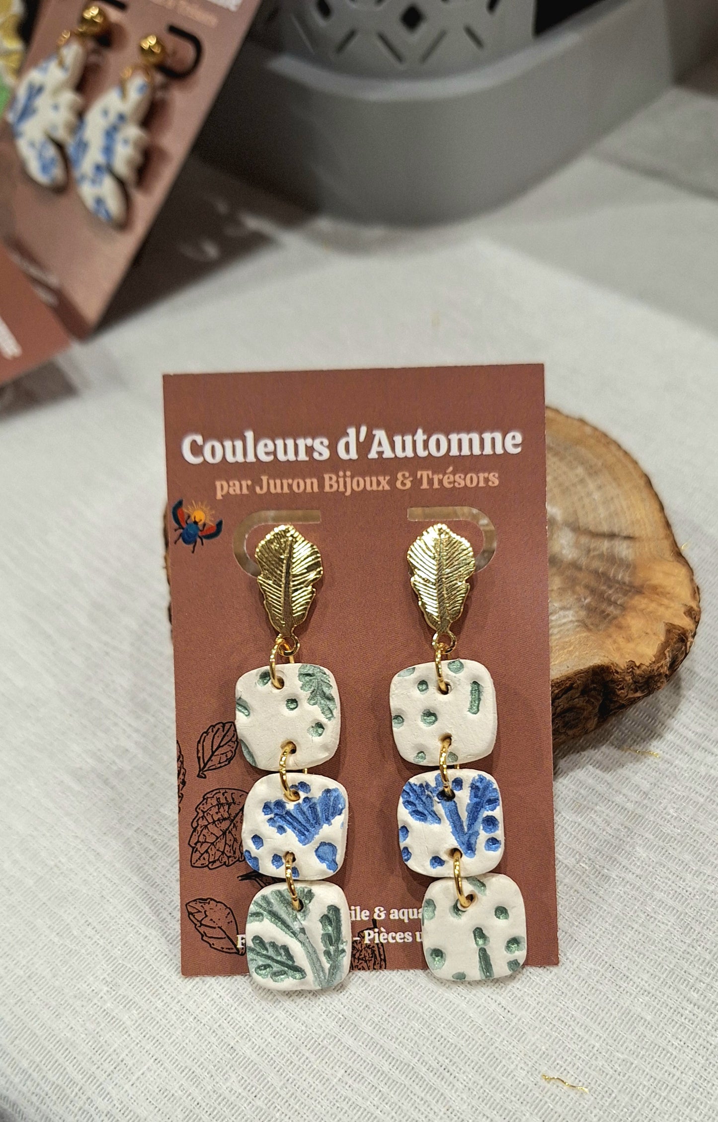 Boucles en argile & aquarelle - Couleurs d'Automne - Trio de carrés (vert et bleu)