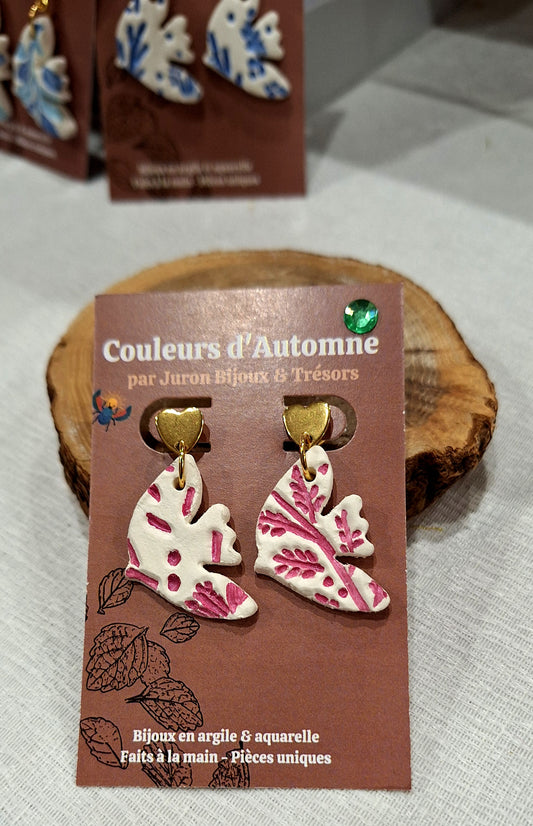 Boucles en argile & aquarelle - Couleurs d'Automne - Oiseaux (fuchsia)