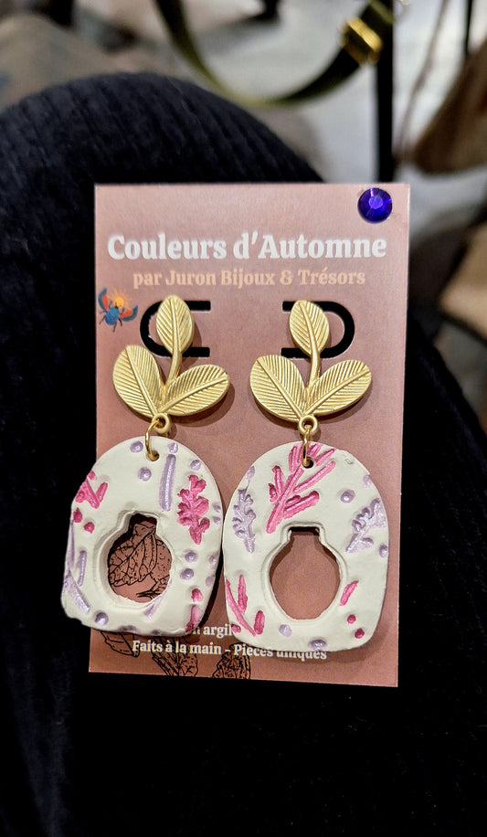 Boucles en argile & aquarelle - Couleurs d'Automne - Vase ajouré (lilas & fuchsia)